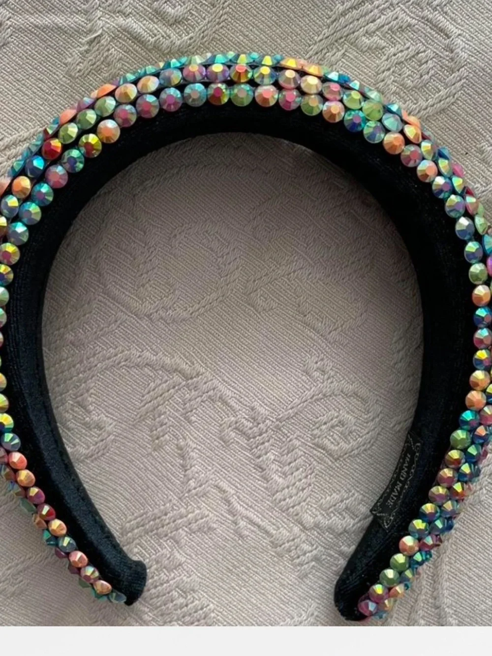 Crystal Rhinestone Beaded Embellished Black Headband - Iridescent